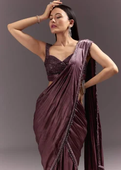 Wine Frill Drape Cutdana Saree With Sleeveless Overlap Blouse