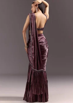 Wine Frill Drape Cutdana Saree With Sleeveless Overlap Blouse