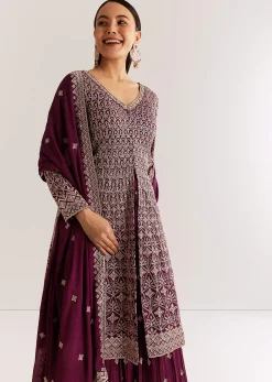 Wine Georgette Kurta Set With Zari And Resham Work