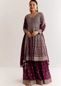 Wine Georgette Kurta Set With Zari And Resham Work