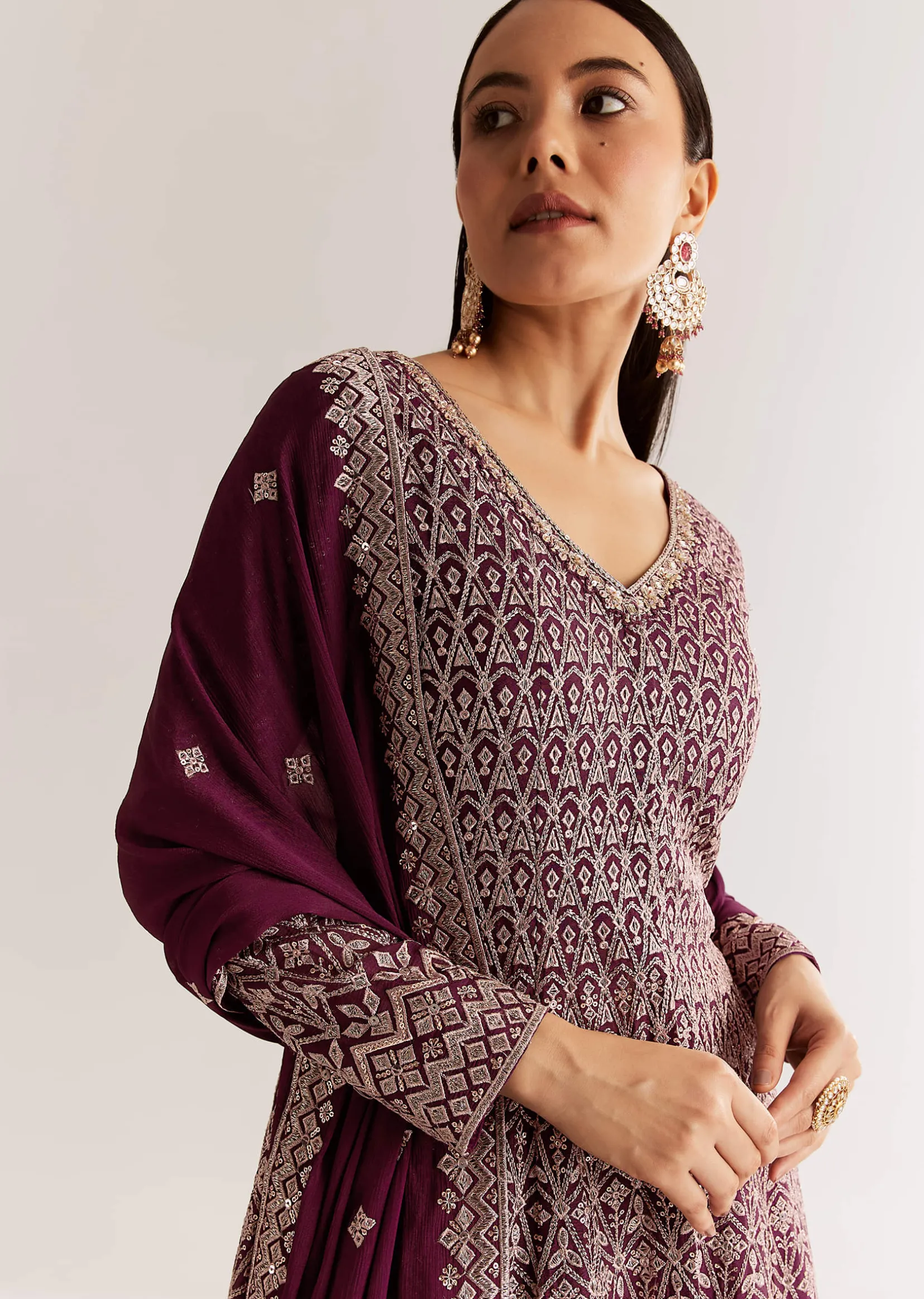 Wine Georgette Kurta Set With Zari And Resham Work