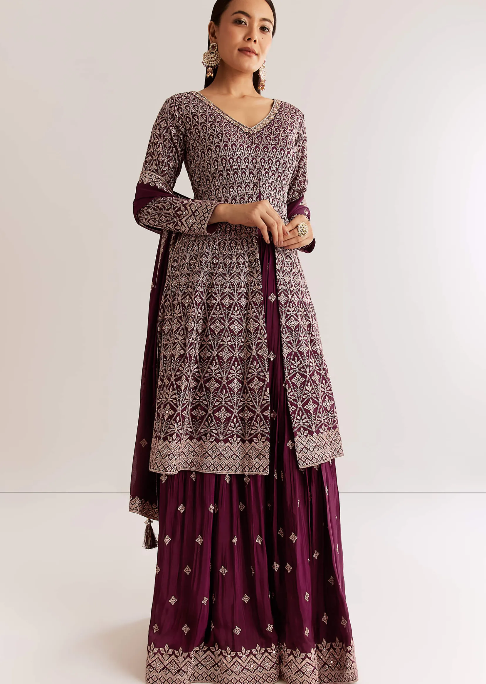 Wine Georgette Kurta Set With Zari And Resham Work