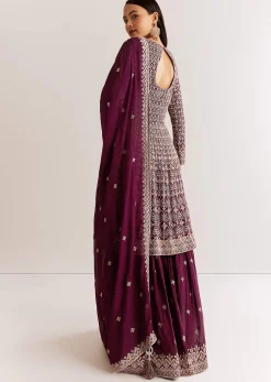 Wine Georgette Kurta Set With Zari And Resham Work