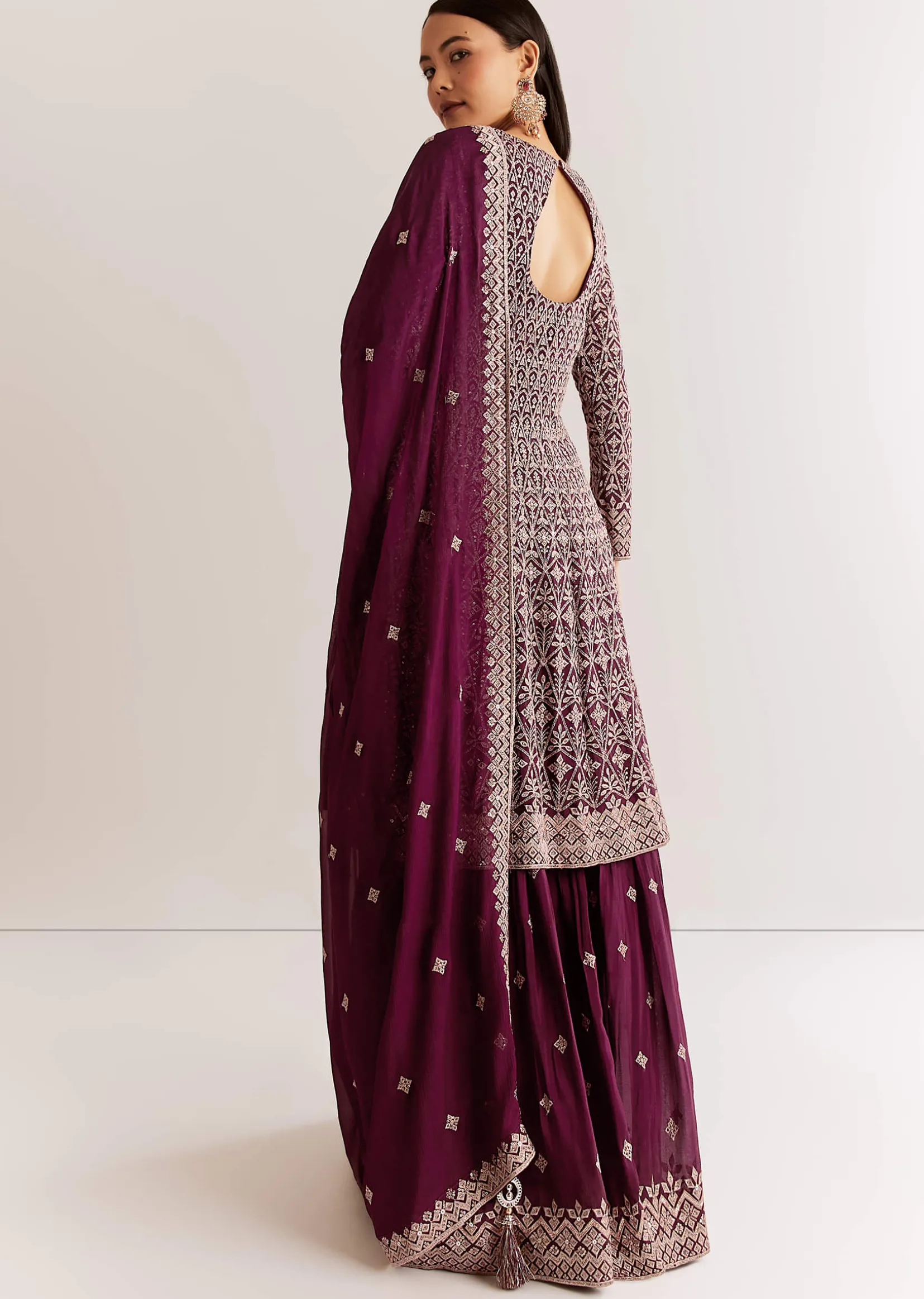 Wine Georgette Kurta Set With Zari And Resham Work