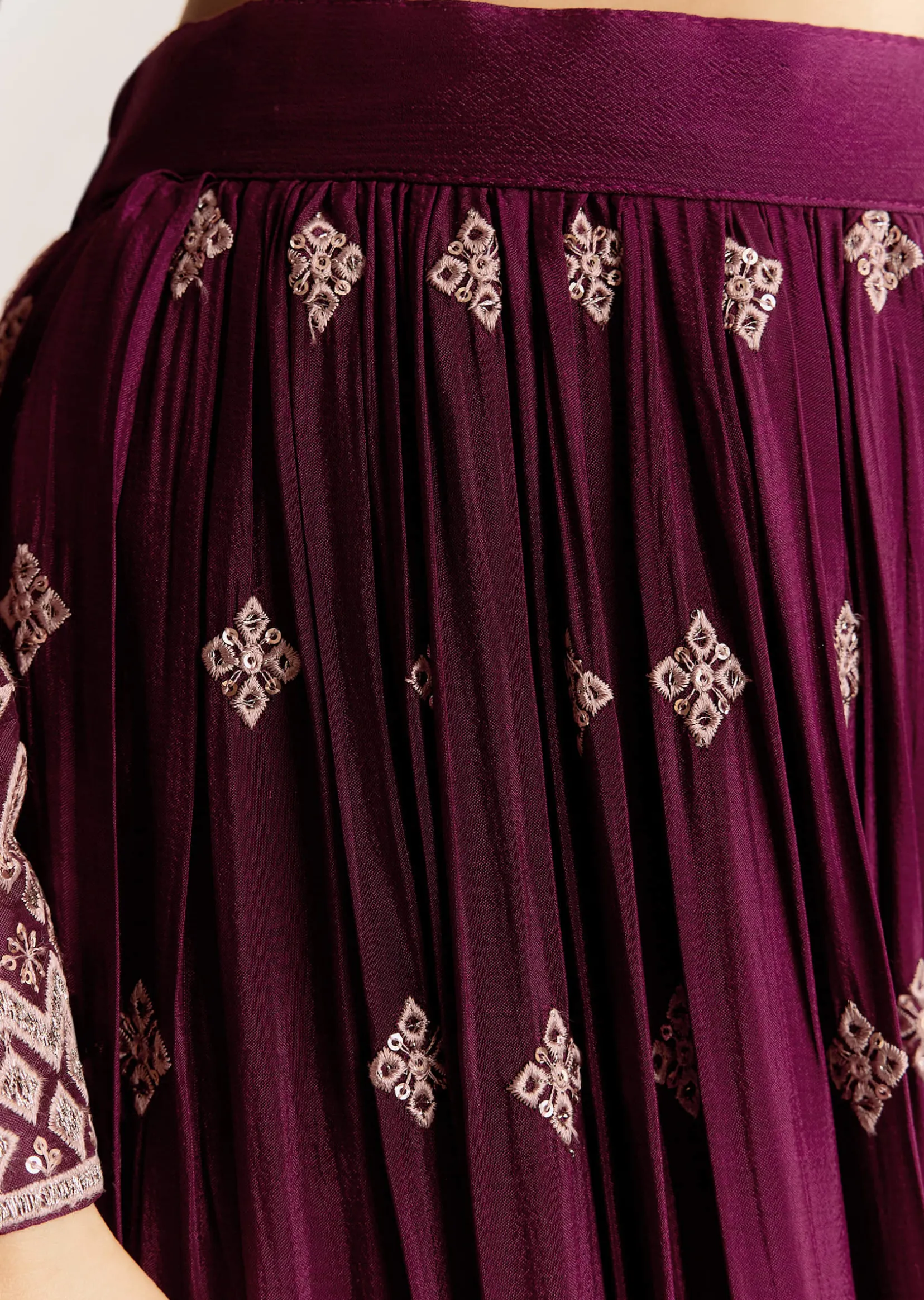 Wine Georgette Kurta Set With Zari And Resham Work