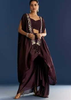Wine Georgette Pintuck Croptop And Fancy Skirt With Embroidered Cape