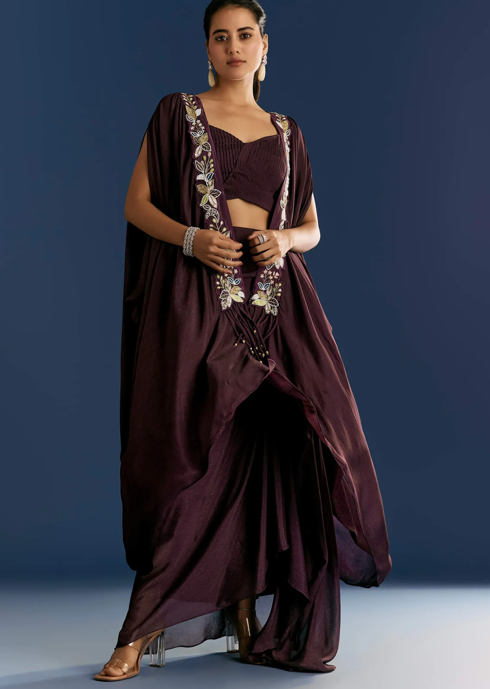 Wine Georgette Pintuck Croptop And Fancy Skirt With Embroidered Cape