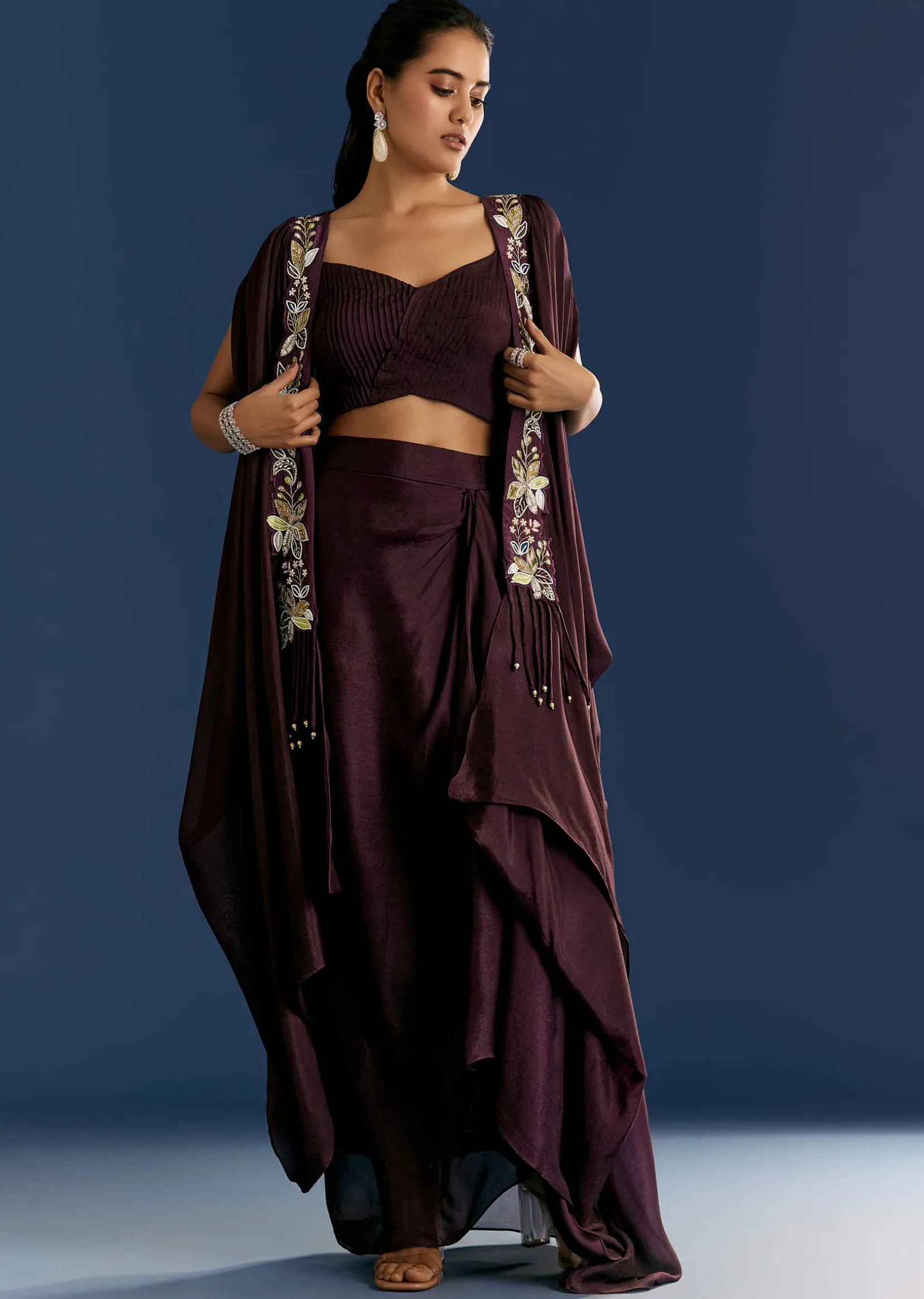 Wine Georgette Pintuck Croptop And Fancy Skirt With Embroidered Cape