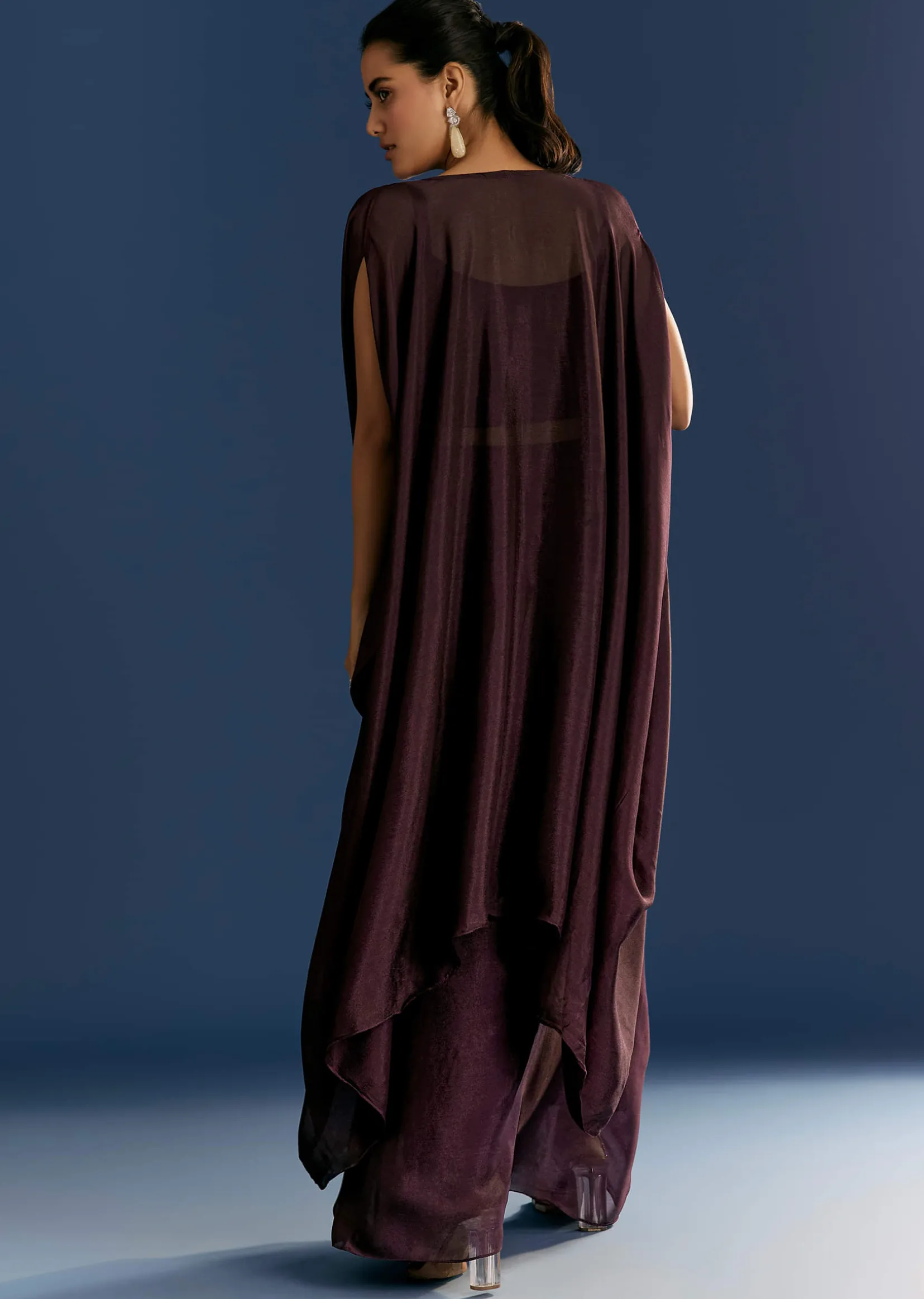 Wine Georgette Pintuck Croptop And Fancy Skirt With Embroidered Cape