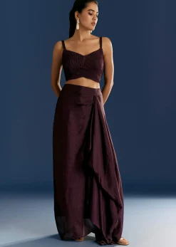 Wine Georgette Pintuck Croptop And Fancy Skirt With Embroidered Cape