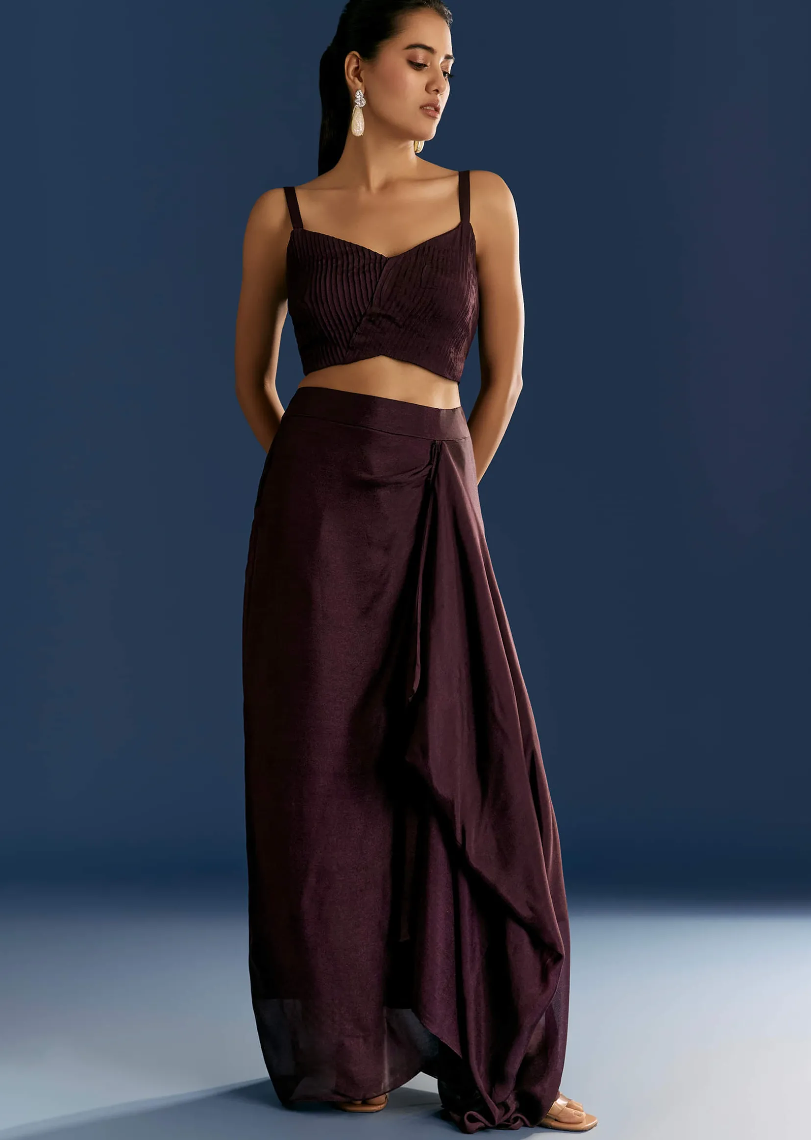 Wine Georgette Pintuck Croptop And Fancy Skirt With Embroidered Cape