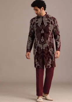 Wine Hand Embroidered Indo Western Set In Velvet