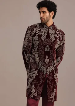 Wine Hand Embroidered Indo Western Set In Velvet