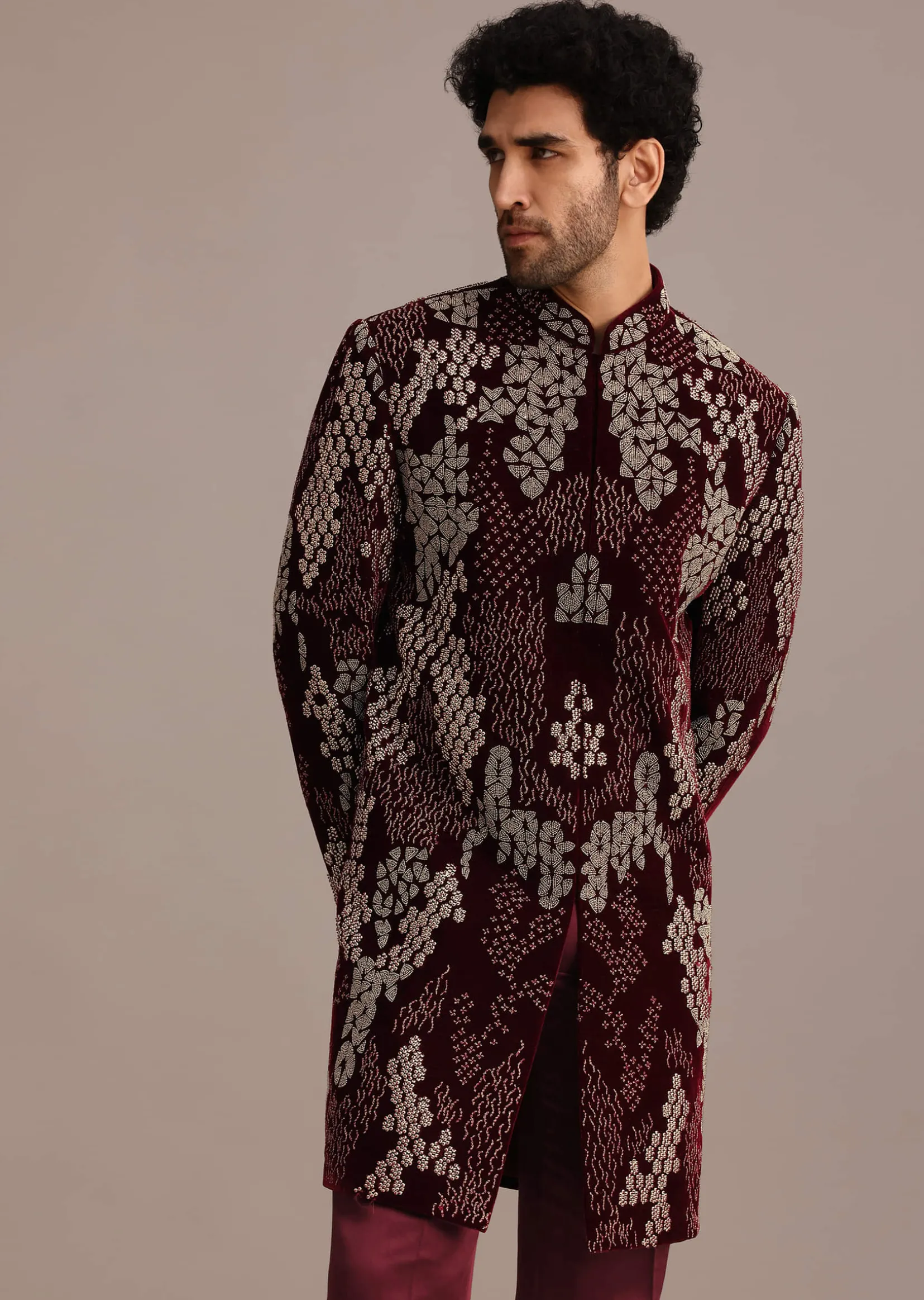 Wine Hand Embroidered Indo Western Set In Velvet