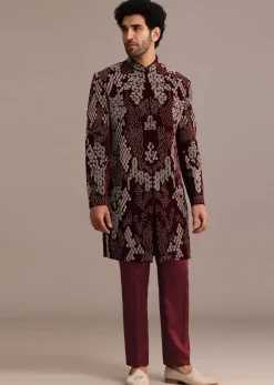 Wine Hand Embroidered Indo Western Set In Velvet