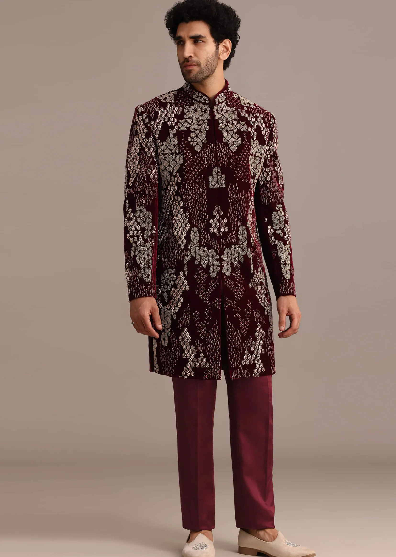 Wine Hand Embroidered Indo Western Set In Velvet