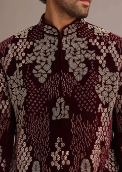 Wine Hand Embroidered Indo Western Set In Velvet