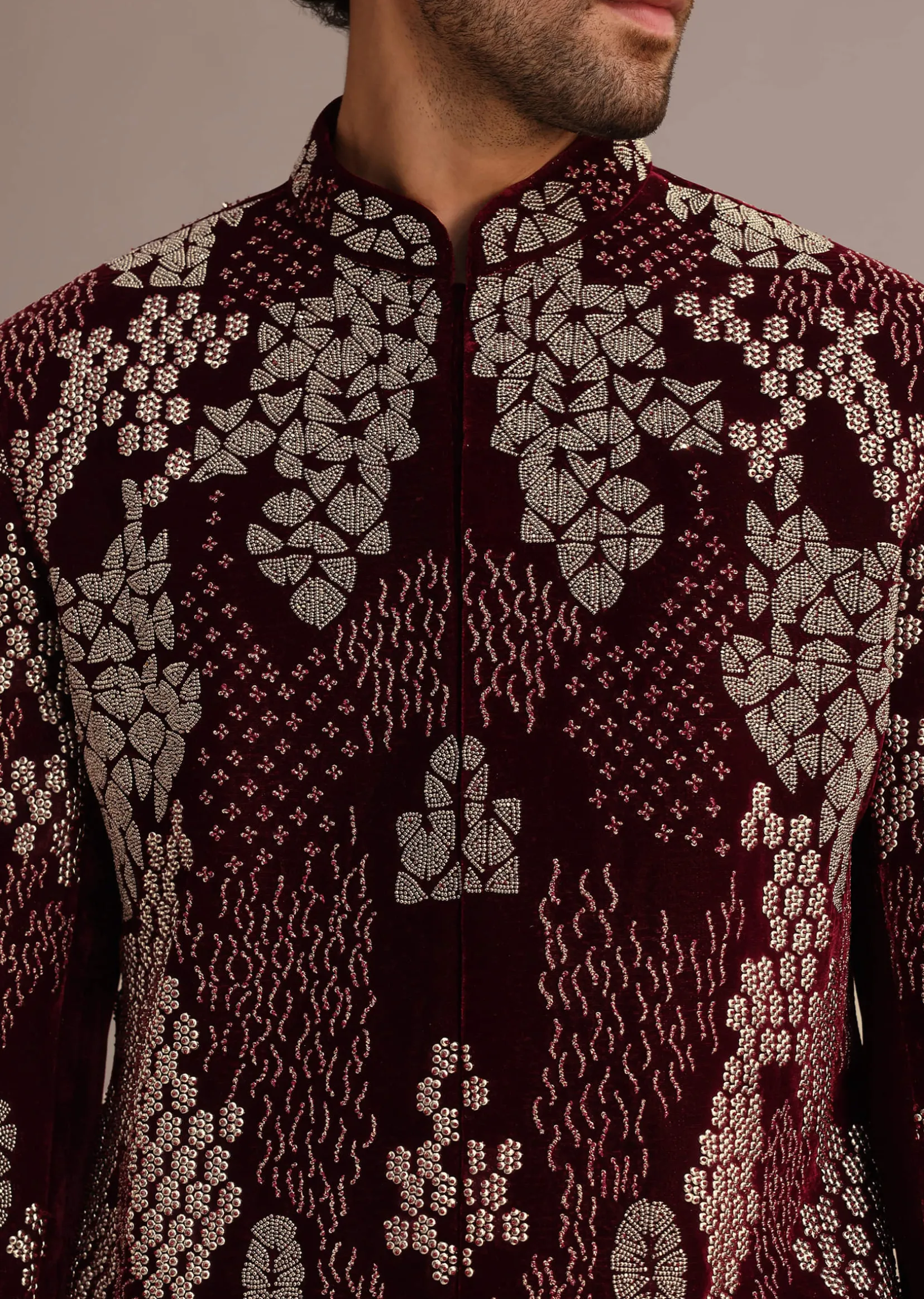 Wine Hand Embroidered Indo Western Set In Velvet