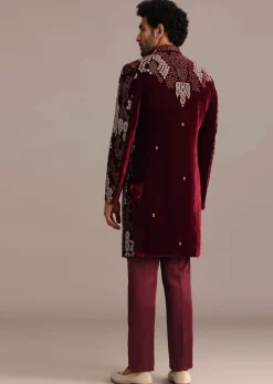 Wine Hand Embroidered Indo Western Set In Velvet