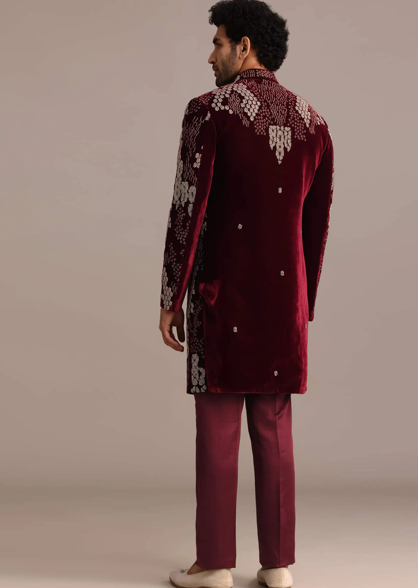 Wine Hand Embroidered Indo Western Set In Velvet