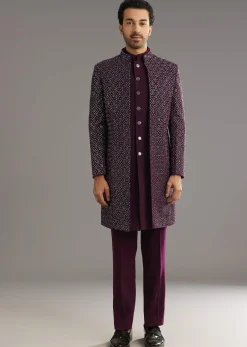 Wine Indo Western Set With Embellished Salli And Diamond Work