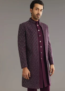 Wine Indo Western Set With Embellished Salli And Diamond Work