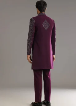 Wine Indo Western Set With Embellished Salli And Diamond Work