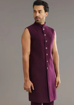 Wine Indo Western Set With Embellished Salli And Diamond Work