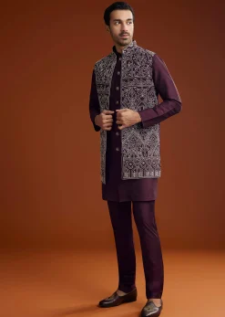 Wine Jacket Kurta Set With Thread Resham Embroidery