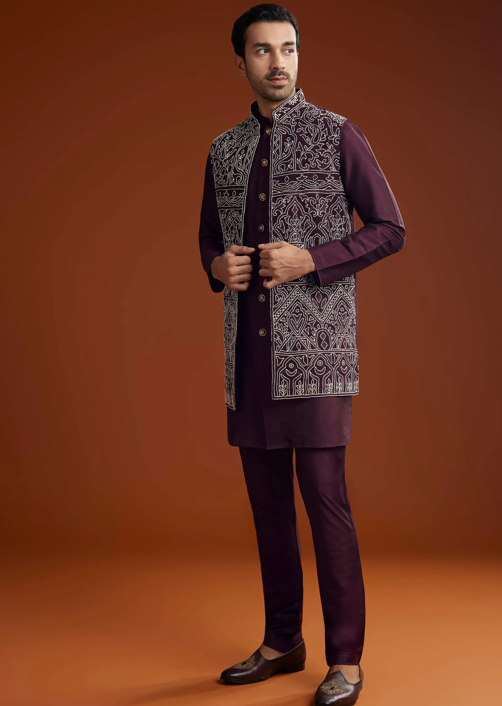 Wine Jacket Kurta Set With Thread Resham Embroidery