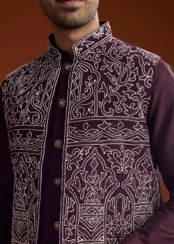 Wine Jacket Kurta Set With Thread Resham Embroidery