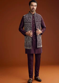 Wine Jacket Kurta Set With Thread Resham Embroidery