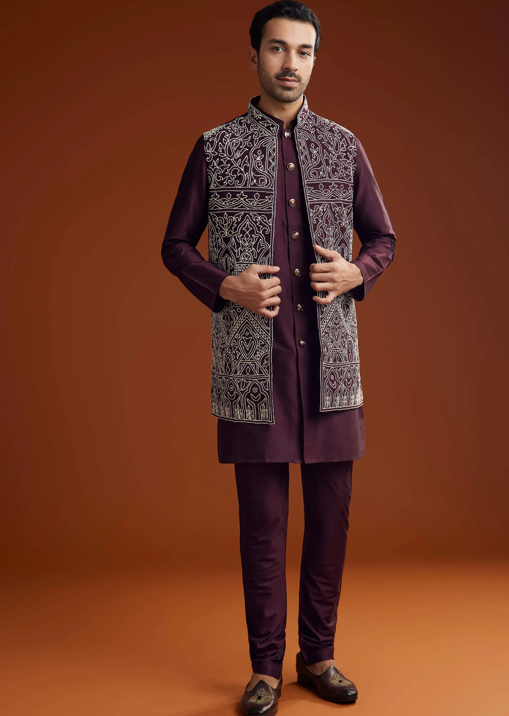 Wine Jacket Kurta Set With Thread Resham Embroidery