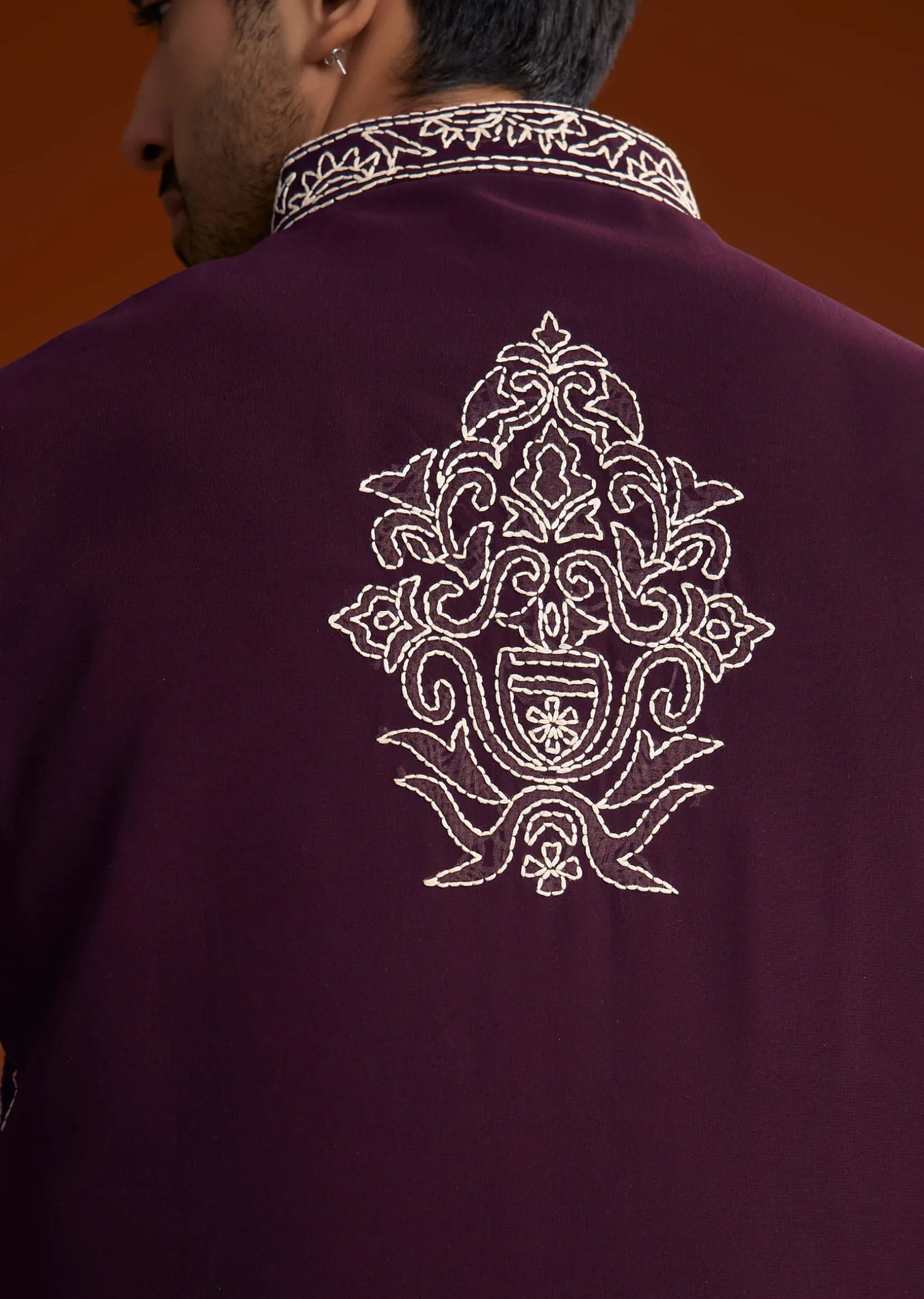 Wine Jacket Kurta Set With Thread Resham Embroidery