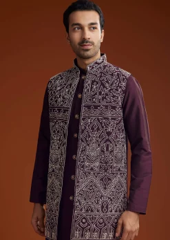 Wine Jacket Kurta Set With Thread Resham Embroidery