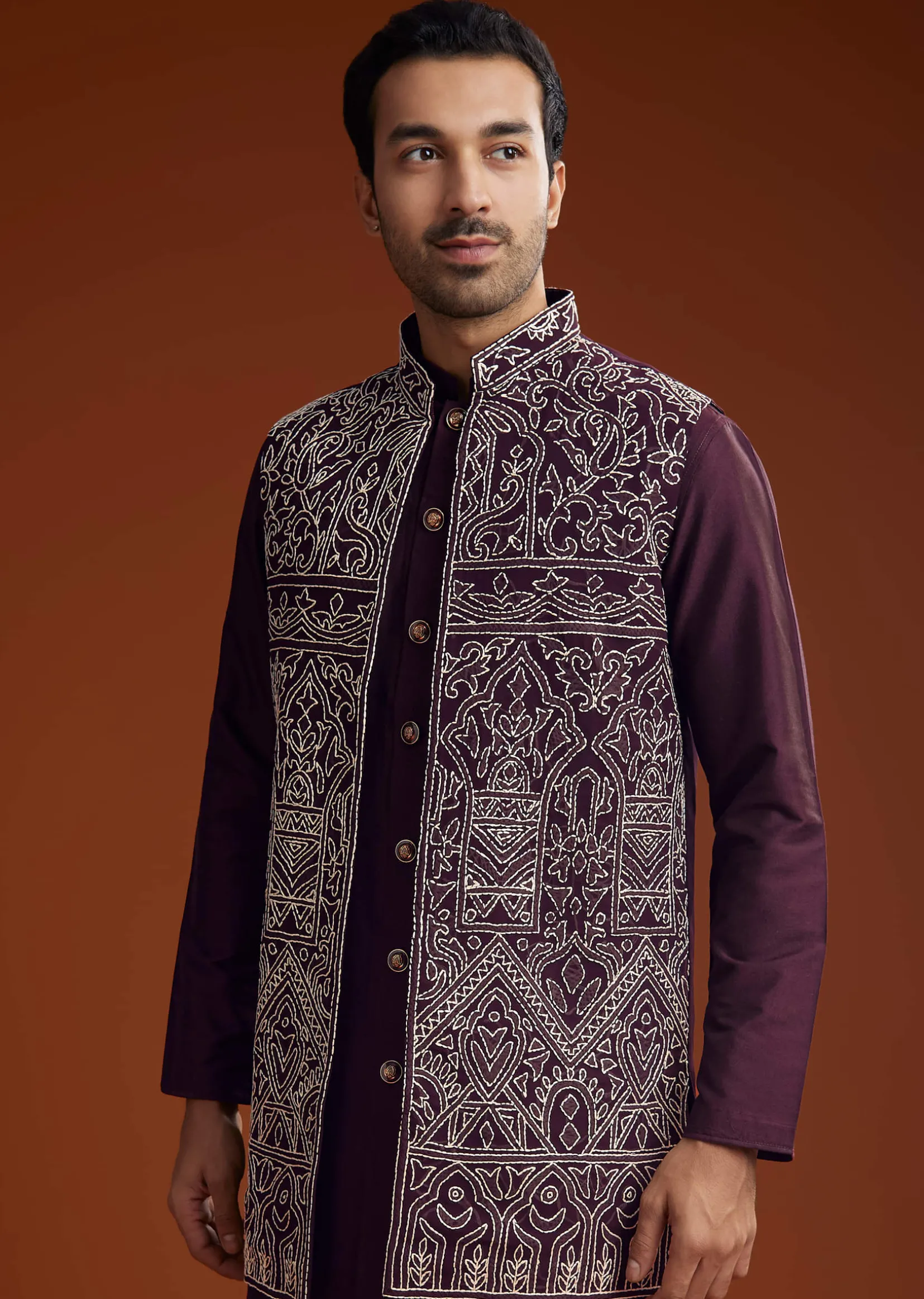Wine Jacket Kurta Set With Thread Resham Embroidery