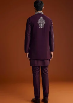 Wine Jacket Kurta Set With Thread Resham Embroidery