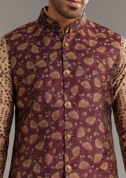 Wine Kurta Jacket Set In Modal Chanderi With Printed Design