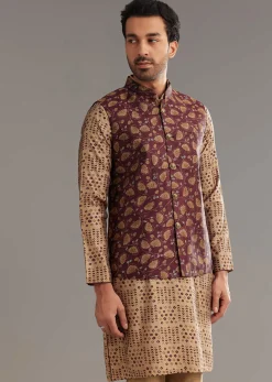 Wine Kurta Jacket Set In Modal Chanderi With Printed Design