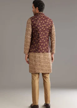 Wine Kurta Jacket Set In Modal Chanderi With Printed Design
