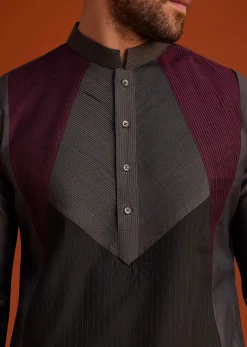 Wine Kurta Pajama Set With Contrast Panel Design