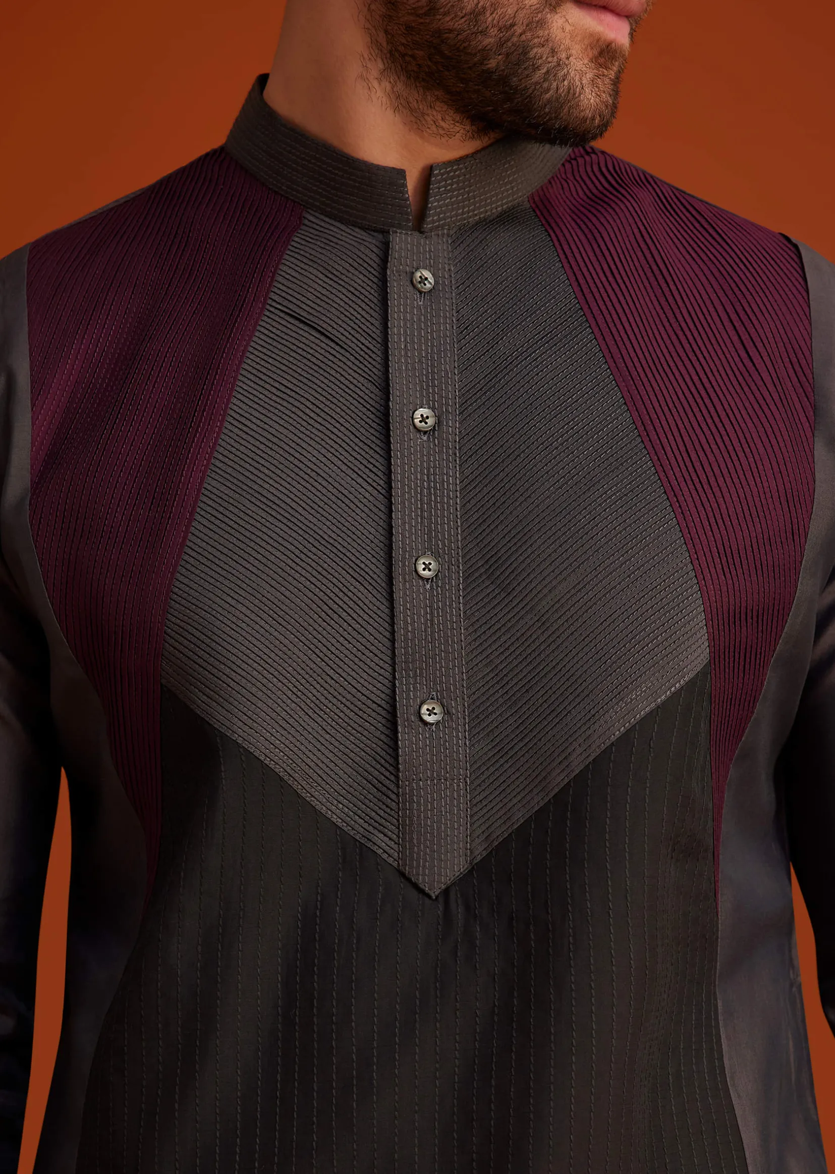 Wine Kurta Pajama Set With Contrast Panel Design