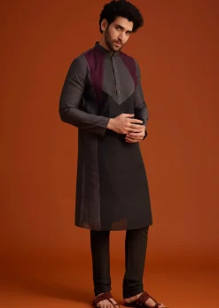 Wine Kurta Pajama Set With Contrast Panel Design