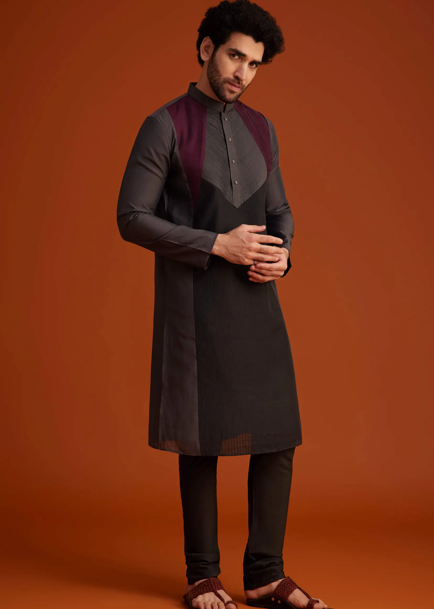 Wine Kurta Pajama Set With Contrast Panel Design