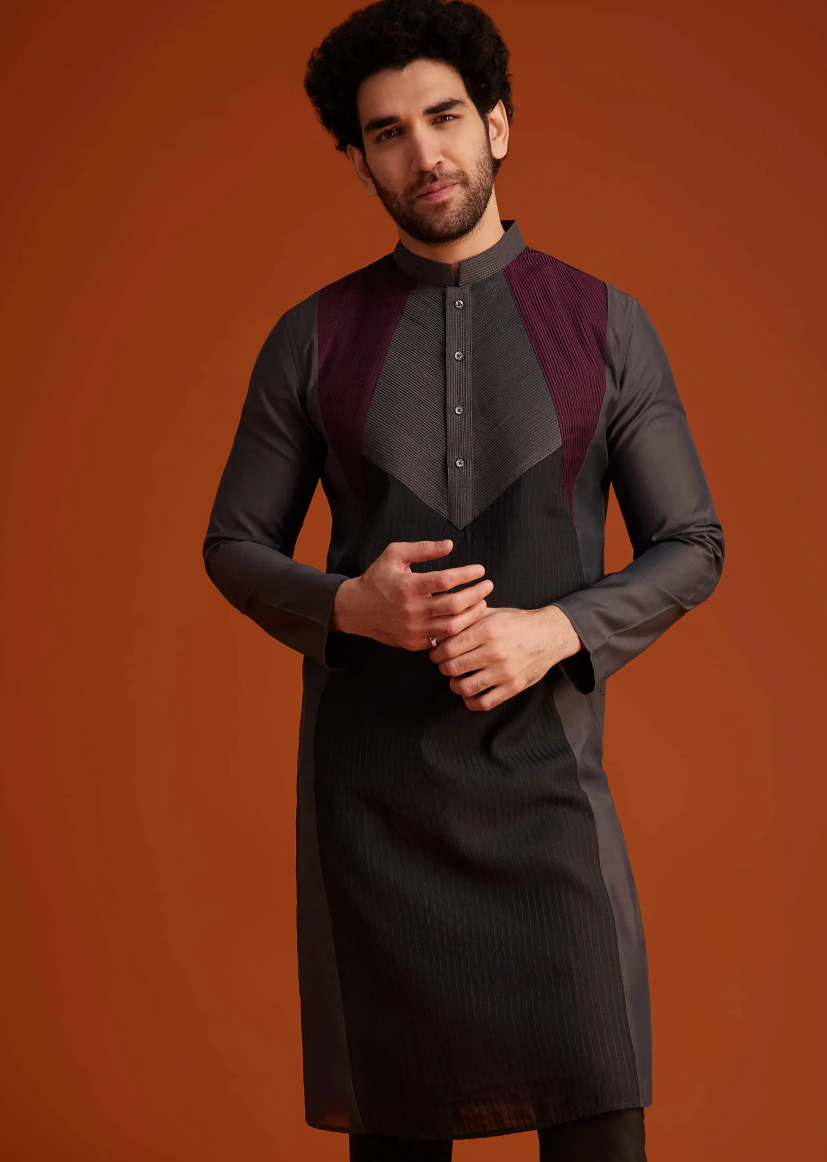 Wine Kurta Pajama Set With Contrast Panel Design