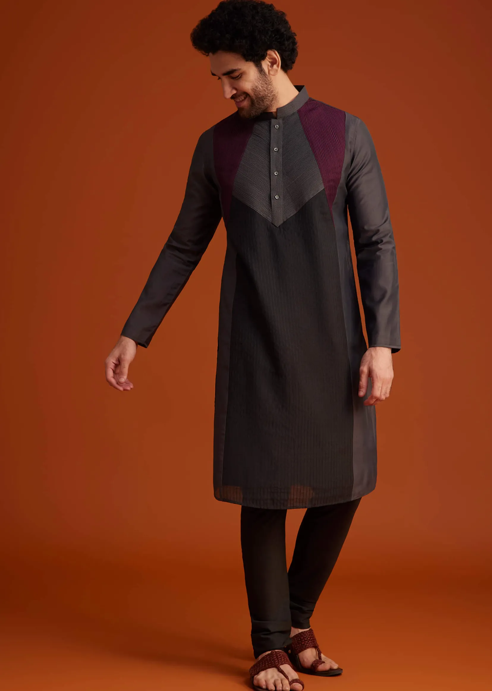 Wine Kurta Pajama Set With Contrast Panel Design