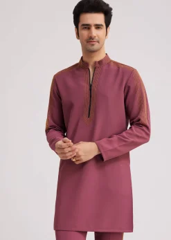 Wine Lycra Kurta Set With Glass Bead Embellishments