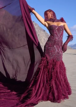 Wine Mermaid Feather Trail Gown With Embroidered Gloves And Veil
