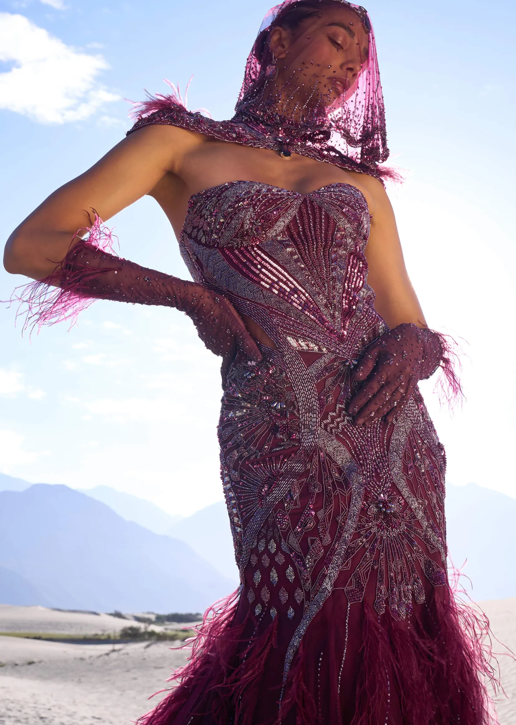 Wine Mermaid Feather Trail Gown With Embroidered Gloves And Veil