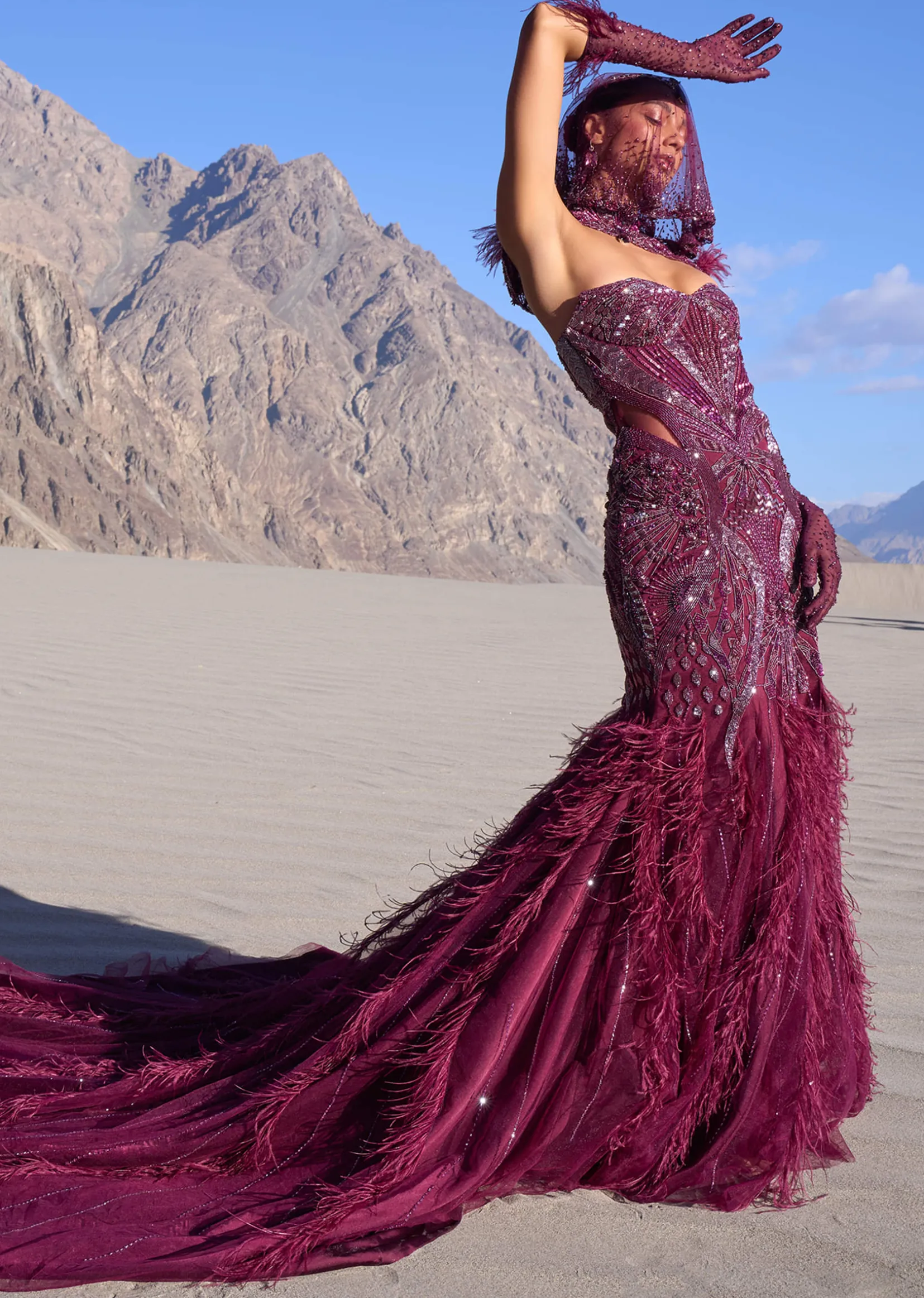 Wine Mermaid Feather Trail Gown With Embroidered Gloves And Veil